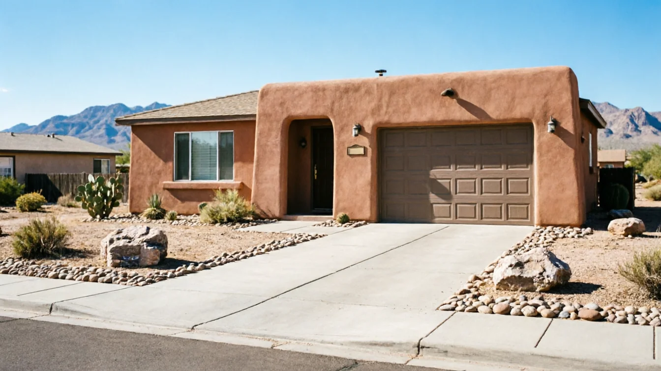 A brown garage door is on a stucco house with a desert landscape.