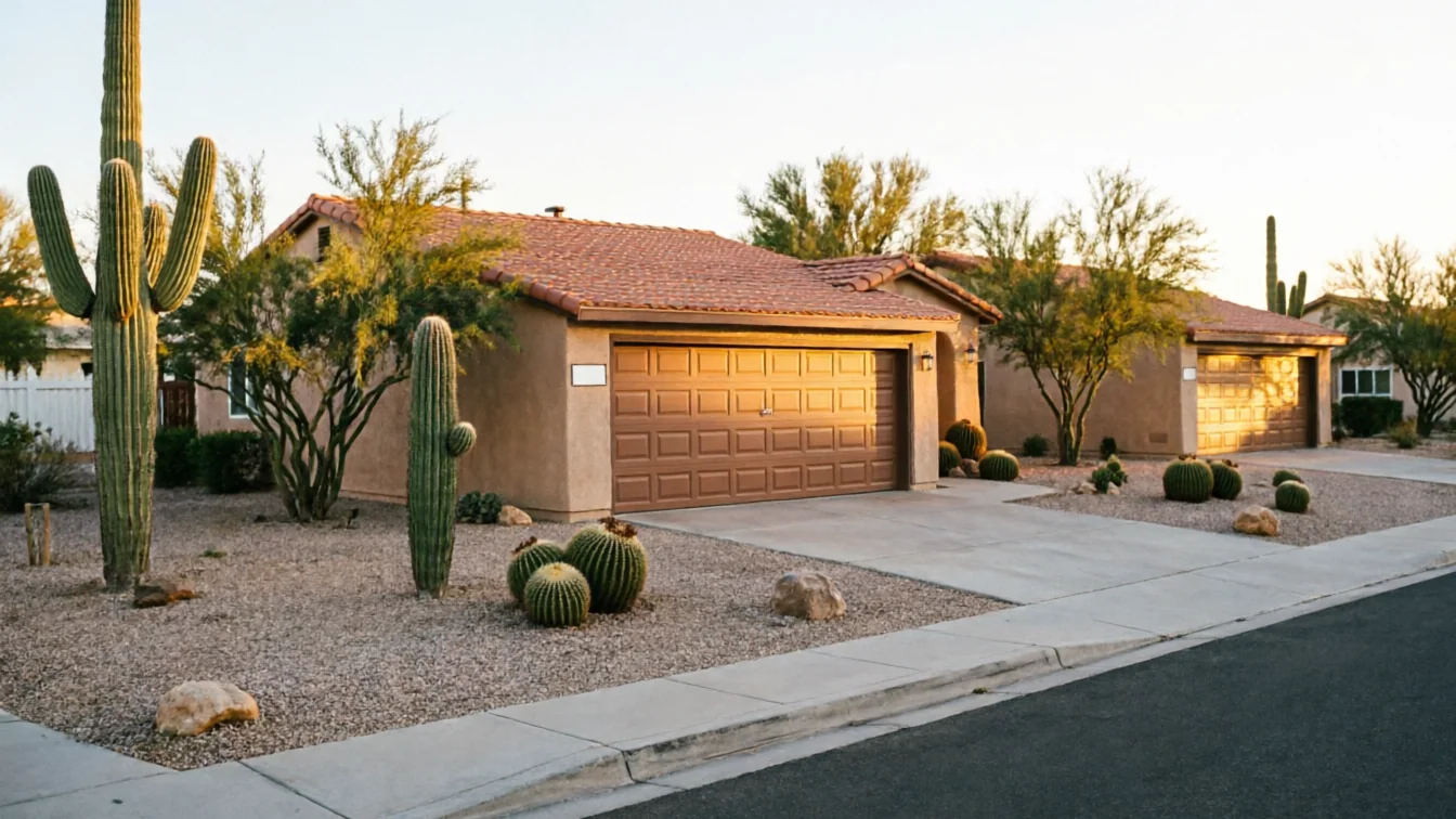 A brown garage door on a tan house with a red tile roof and desert landscaping.