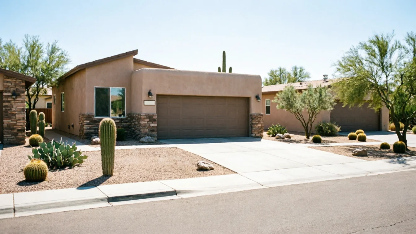A brown garage door is on a stucco house with stone accents and desert landscaping.