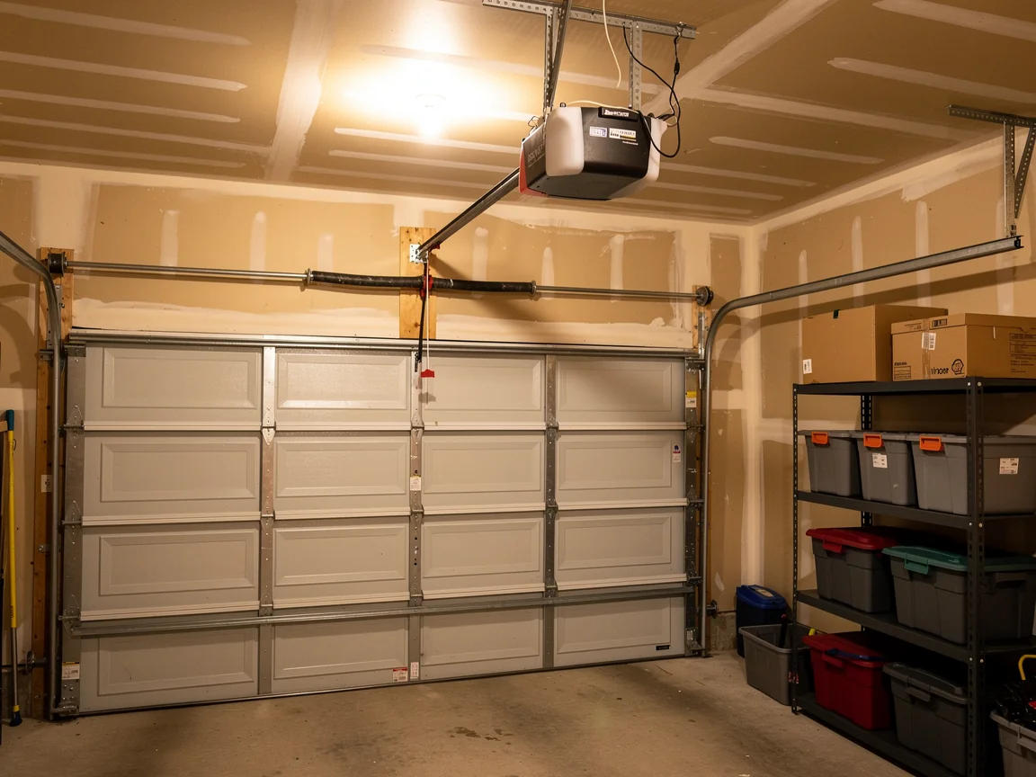 A garage door with a torsion spring and an opener is visible.