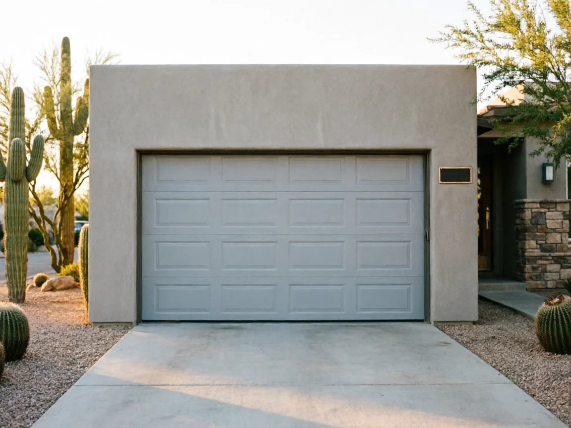 A light gray garage door is set into a stucco house with desert landscaping.