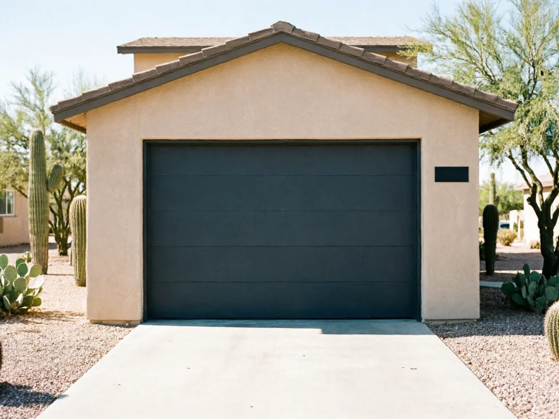 A beige stucco garage with a dark gray garage door and a concrete driveway.