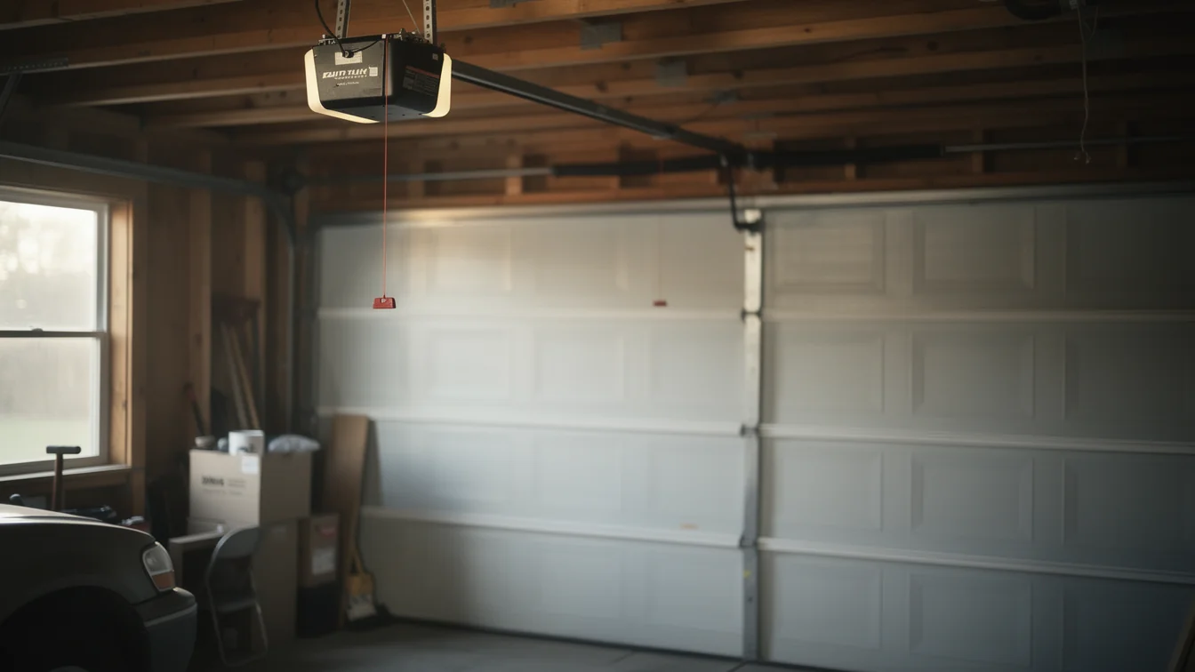 A garage door opener hangs above a closed white garage door inside a garage.