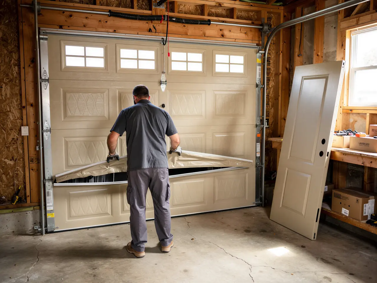 A technician is repairing a damaged beige garage door with windows.
