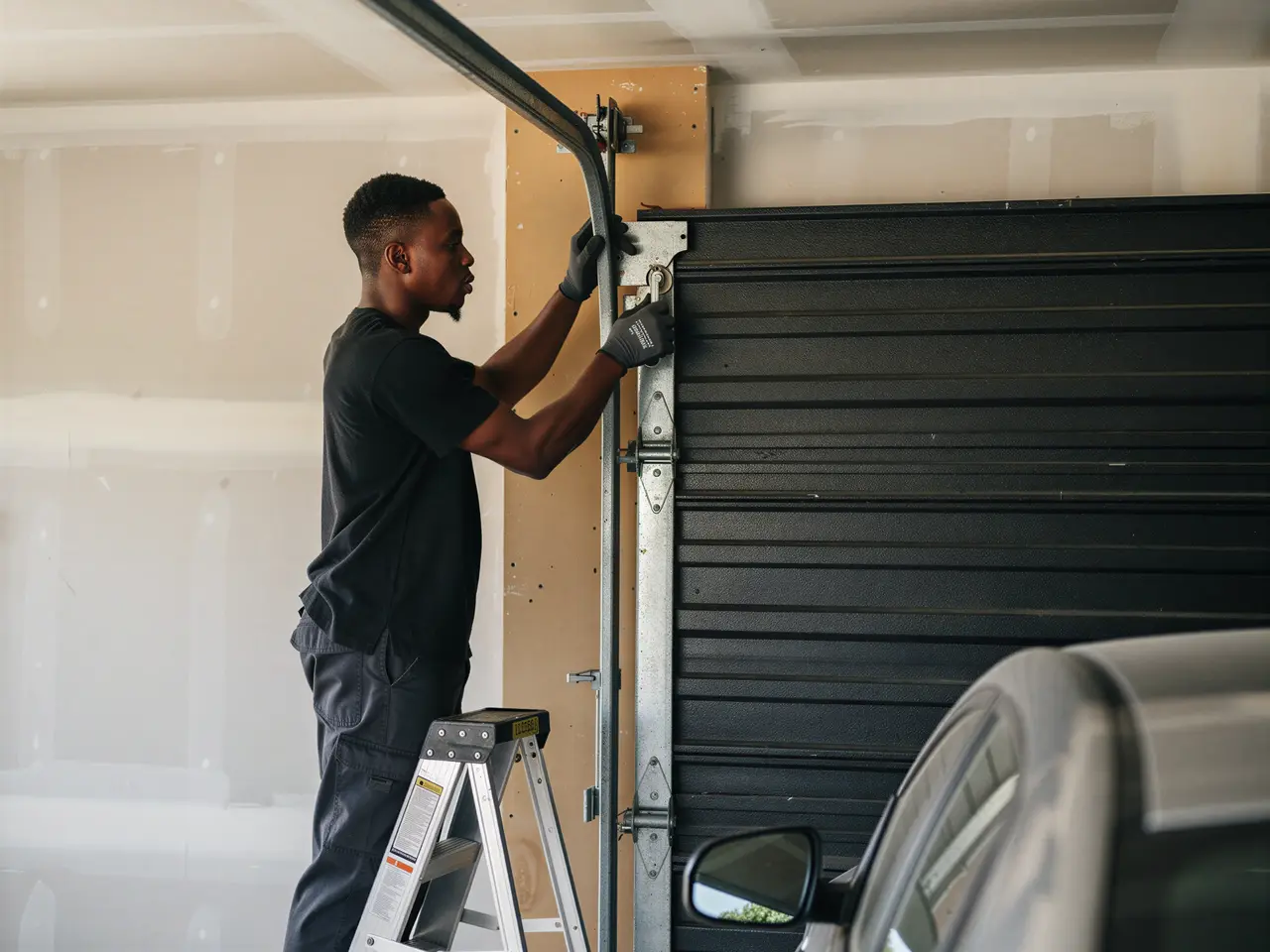 A technician on a ladder is adjusting the garage door track.