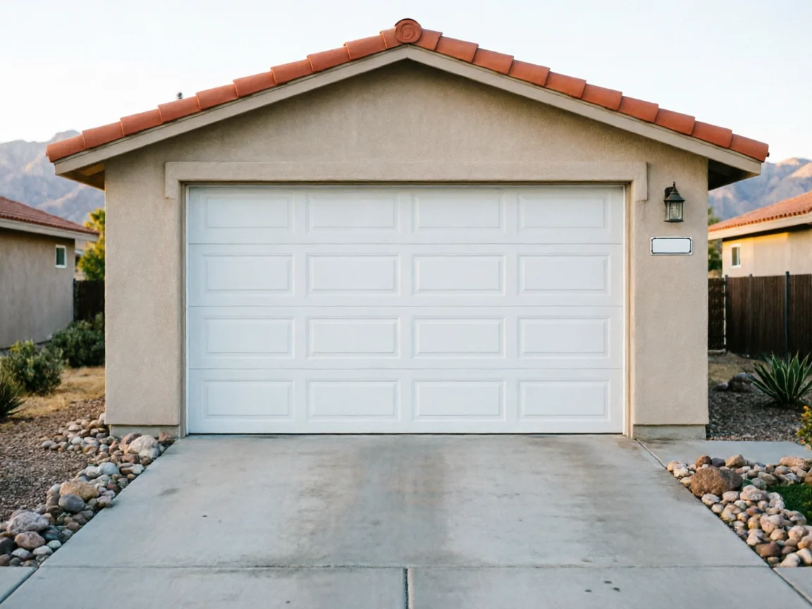 A white paneled garage door on a tan house with a red tile roof.